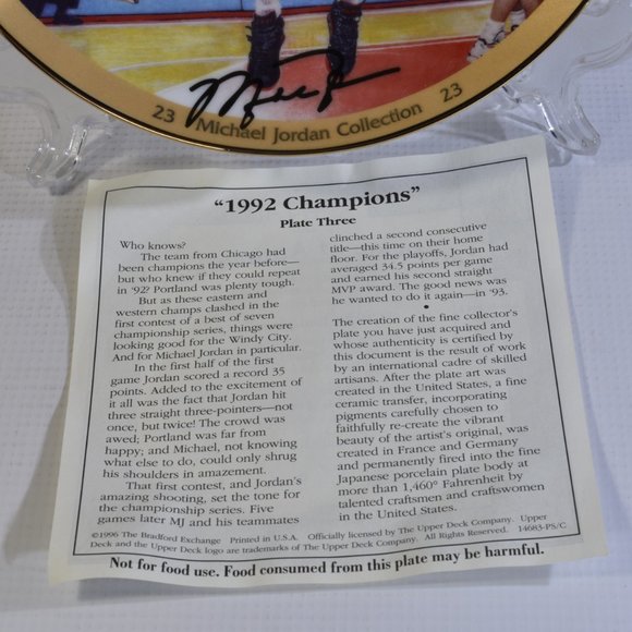 Michael Jordan 1992 Champions Collector Plate Bradford Exchange Upper Deck - Picture 4 of 5